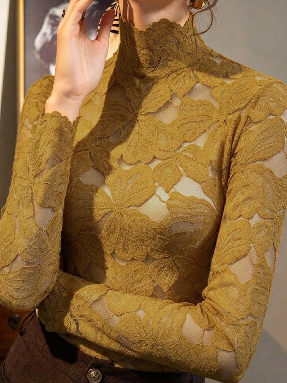 Ginger Yellow Casual Women's Sheer High Neck Slim Fit Top